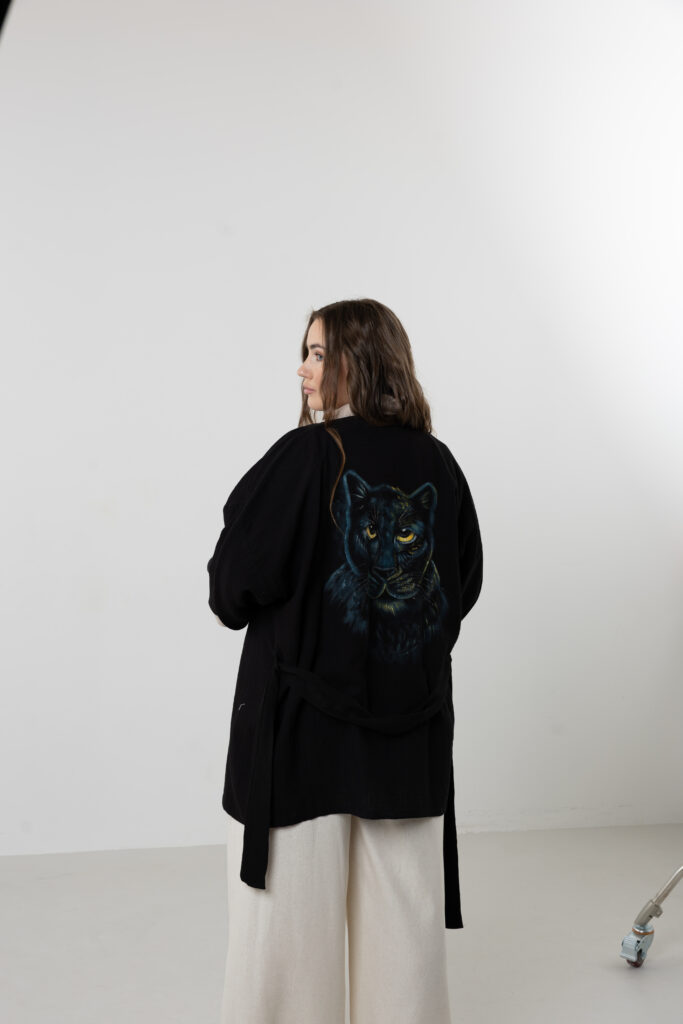 Hand-Painted Puma Kimono Robe