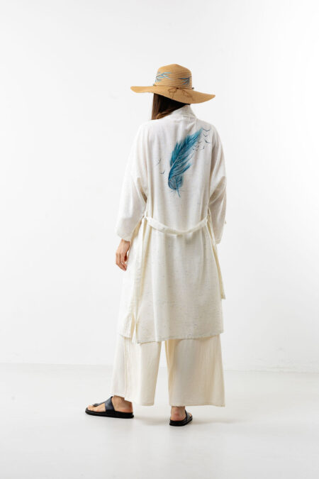 Blue Feather Design Long Wrap Kimono