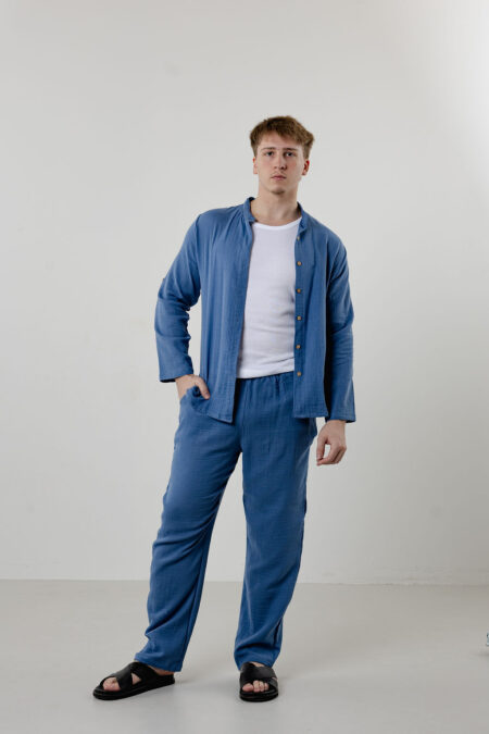 Double-Layer Muslin Pants & Mandarin Collar Shirt Set