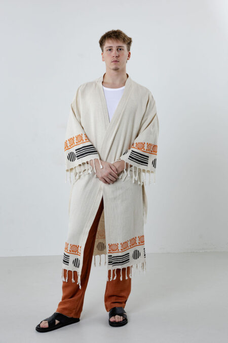 Brown Minimalist Line Symbols Linen Long Kimono