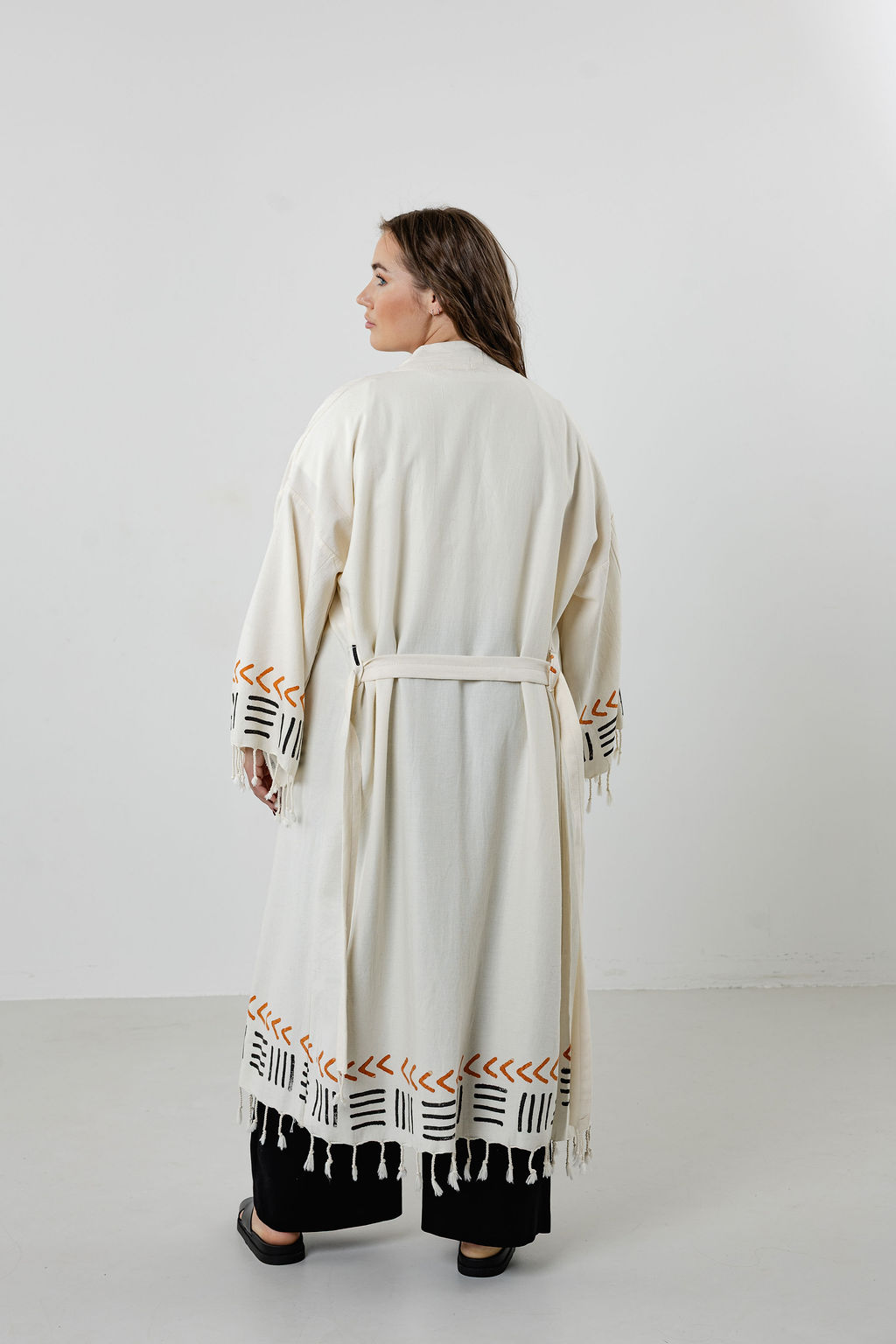 Turkish Cotton Long Kimono-Brown Minimalist line Symbols - Image 6