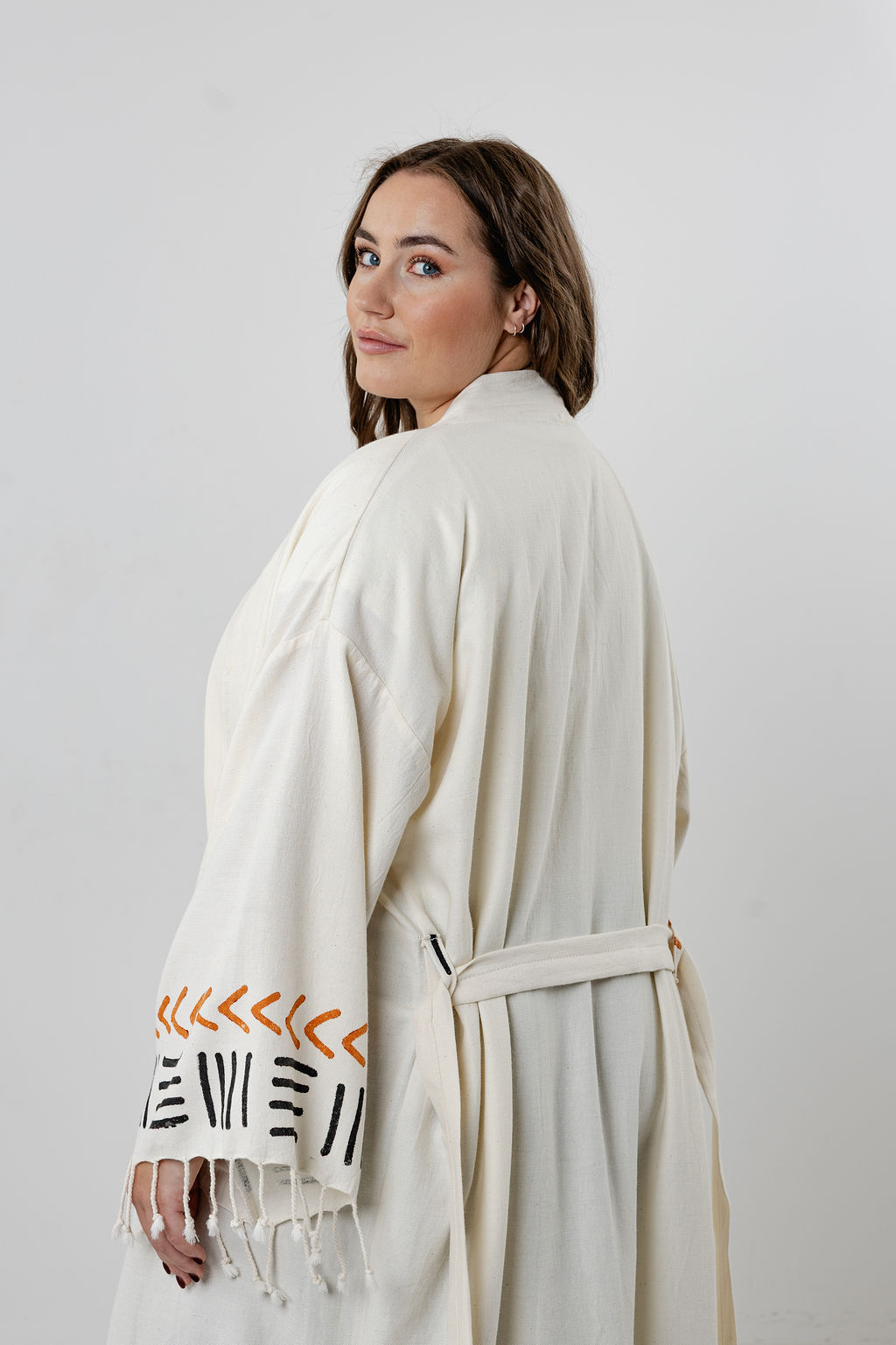 Turkish Cotton Long Kimono-Brown Minimalist line Symbols - Image 7
