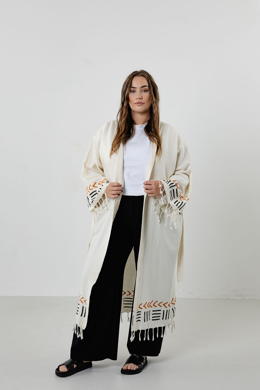 Turkish Cotton Long Kimono-Brown Minimalist line Symbols - Image 4
