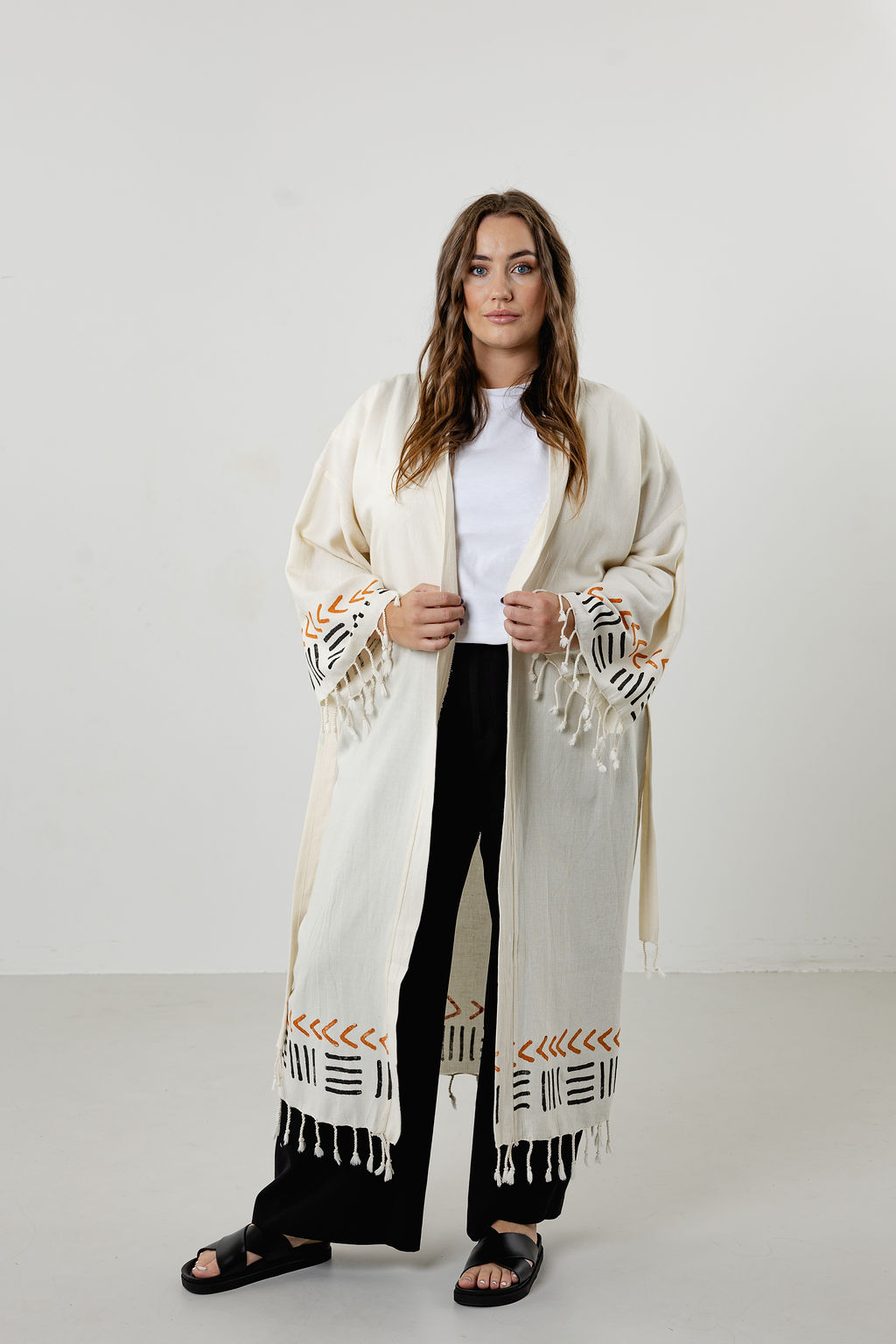 Turkish Cotton Long Kimono-Brown Minimalist line Symbols
