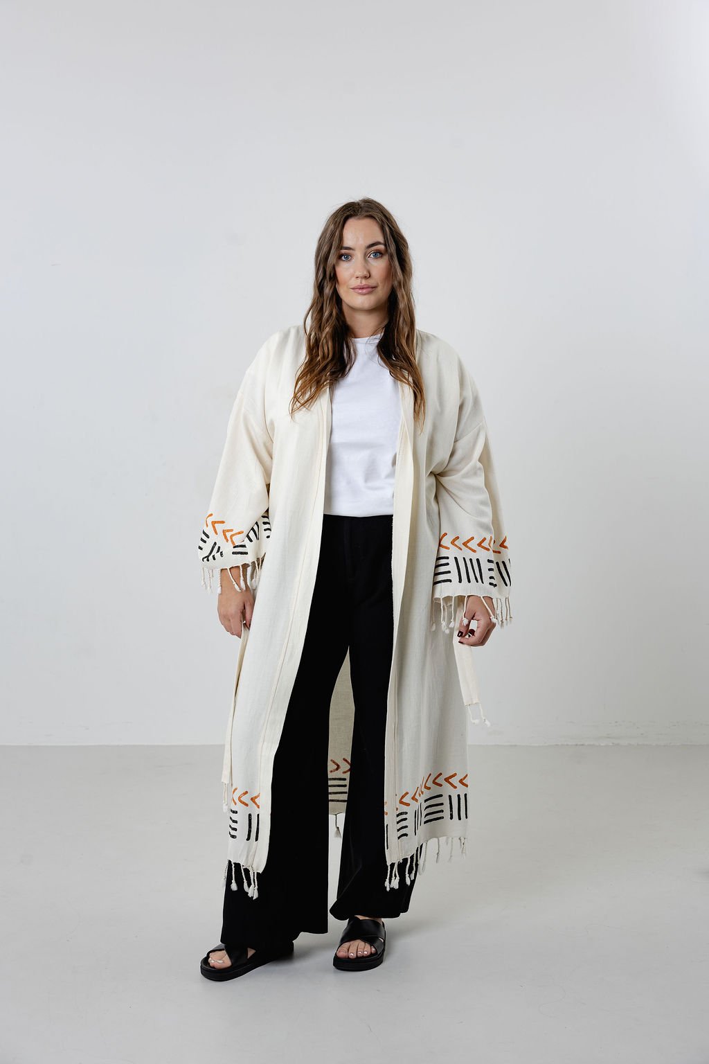 Turkish Cotton Long Kimono-Brown Minimalist line Symbols - Image 2