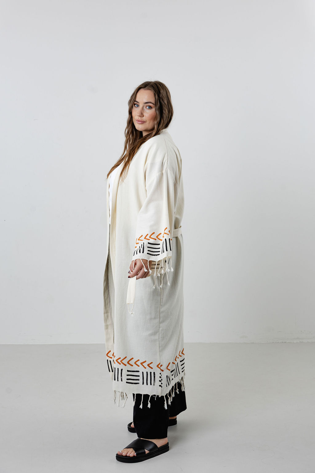 Turkish Cotton Long Kimono-Brown Minimalist line Symbols - Image 3
