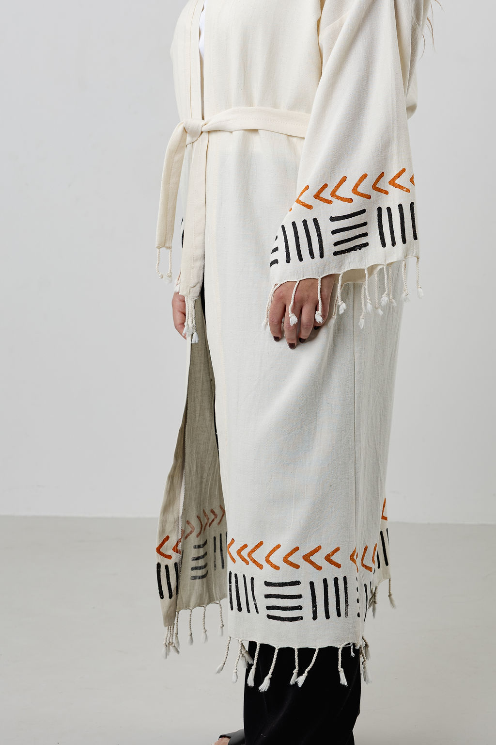 Turkish Cotton Long Kimono-Brown Minimalist line Symbols - Image 5