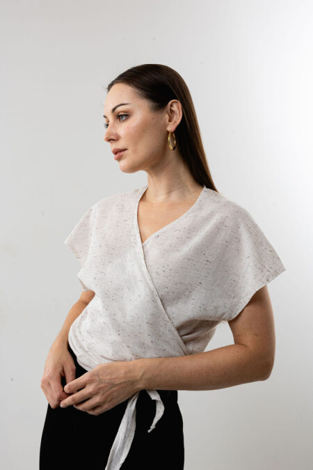 Speckled Linen Wrap Tie-Front Crop Blouse – Hand-Printed Woodblock Design