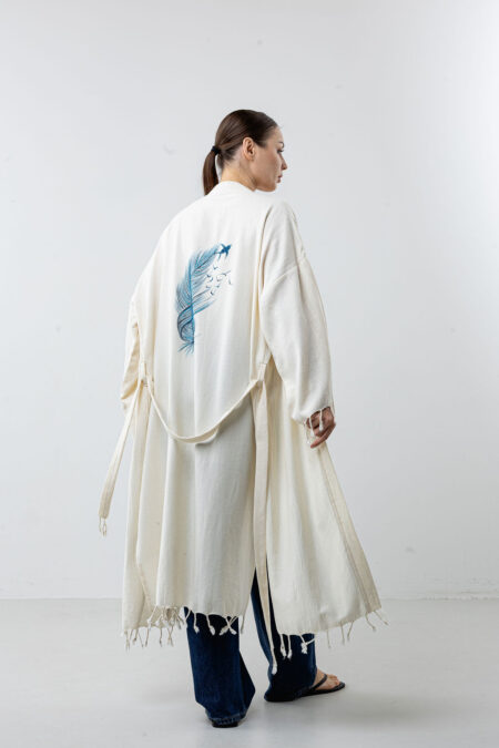 Bohemian Hand-Painted Blue Feather Wrap Kimono Robe