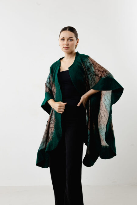 Forest Elegance Silk Poncho-Green