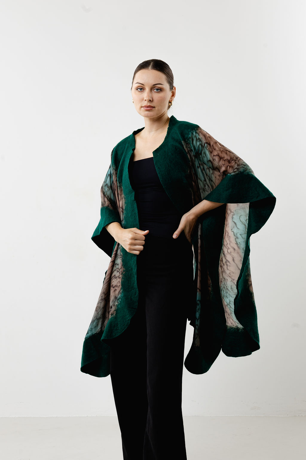 Forest Elegance Silk Poncho-Green