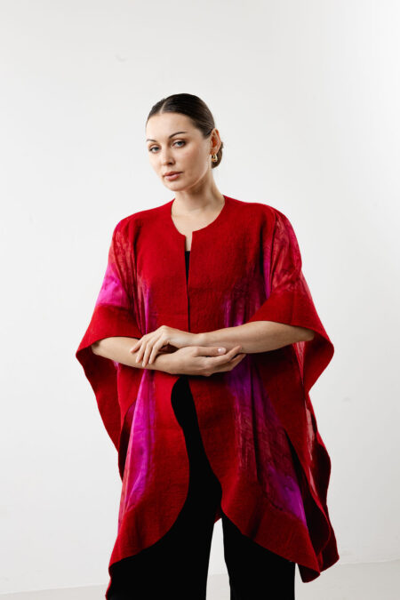 Ruby Elegance Silk Poncho-Red