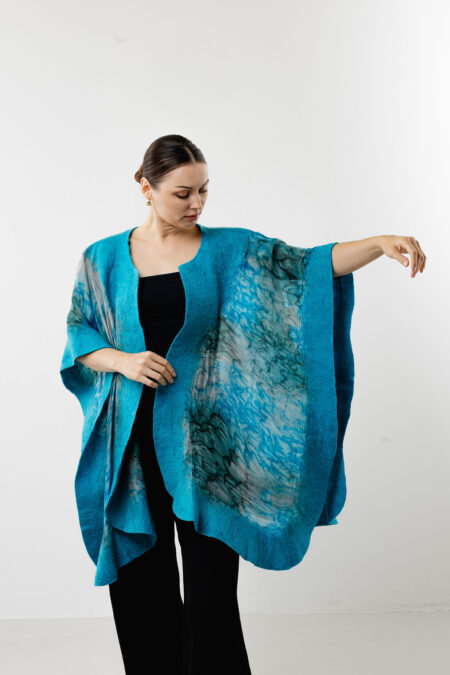 Indigo Elegance Silk Poncho-Blue