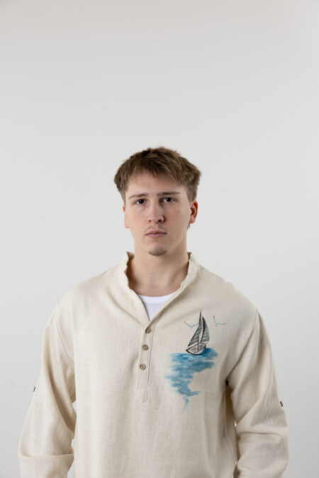 Men's natural cream Henley shirt in linen-cotton blend with hand-painted sailboat