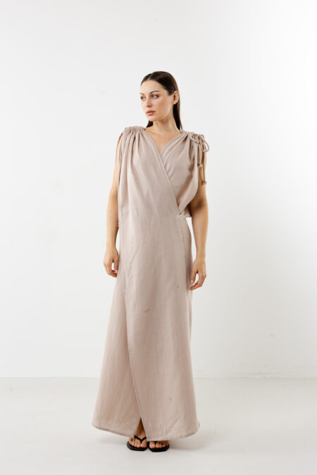 Aphrodite natural cotton long summer dress; beige minimalist design maxi dress for sustainable resort wear, travel, and goddess-style elegance.