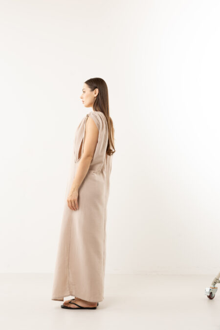 Aphrodite natural cotton long summer dress; beige minimalist design maxi dress for sustainable resort wear, travel, and goddess-style elegance.