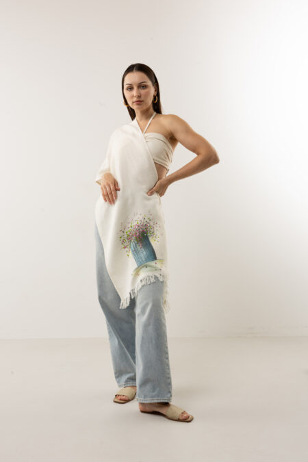 Artisanal hand-painted cotton scarf with colorful flower pot motifs