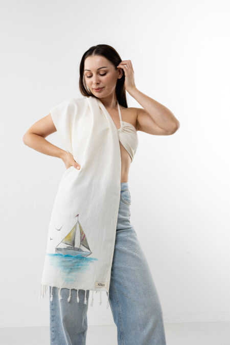 artisanal hand-painted sail boat cotton scarf and shawl; nautical design handcrafted wrap for sustainable resort wear, travel, and coastal style.
