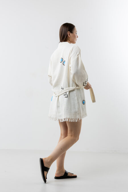 Azure blue cotton short wrap kimono; belted waist jacket for sustainable resort wear, travel, and all-season bohemian style.