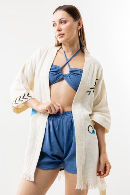 Azure blue cotton short wrap kimono; belted waist jacket for sustainable resort wear, travel, and all-season bohemian style.
