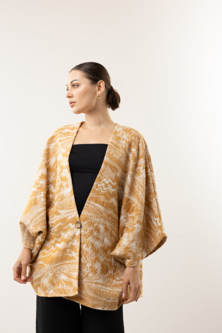 artisanal short cardigan in multi-colored balloon weave peshtemal fabric.