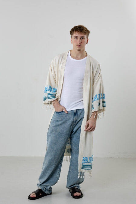Celestial Rhythm Blue Hand-Printed Artisanal Long Kimono