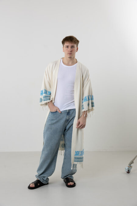 Celestial Rhythm blue hand-printed long kimono; 100% natural cotton artisanal robe for beach, spa, and all-season loungewear.