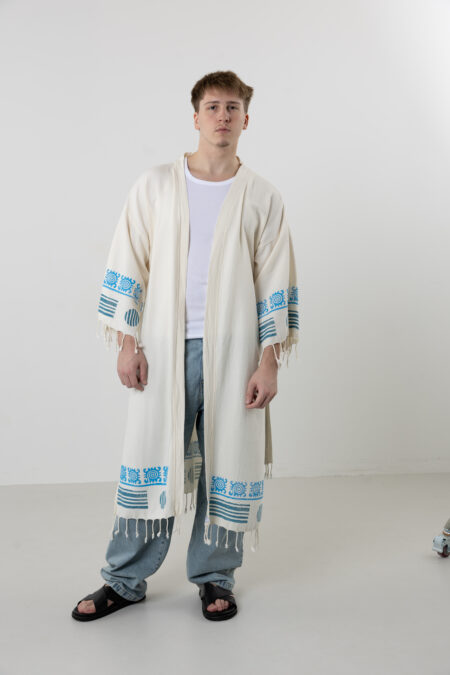 Celestial Rhythm blue hand-printed long kimono; 100% natural cotton artisanal robe for beach, spa, and all-season loungewear.