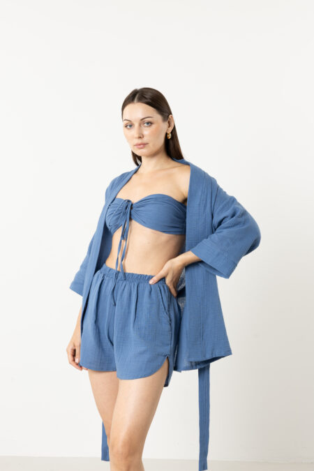 Double-layer muslin shorts and bustier set; sustainable cotton two-piece lounge wear, breathable organic summer set, and minimalist resort wear.