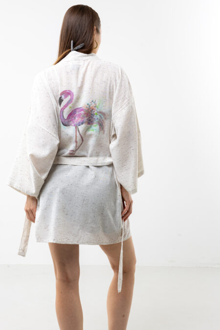 Flamingo hand-painted speckled linen midi kimono; artisanal tropical design wrap jacket for sustainable resort wear, travel, and coastal luxury.