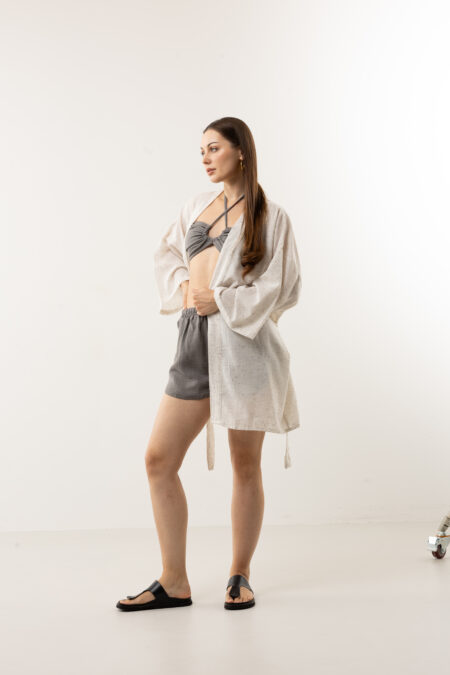 Flamingo hand-painted speckled linen midi kimono; artisanal tropical design wrap jacket for sustainable resort wear, travel, and coastal luxury.
