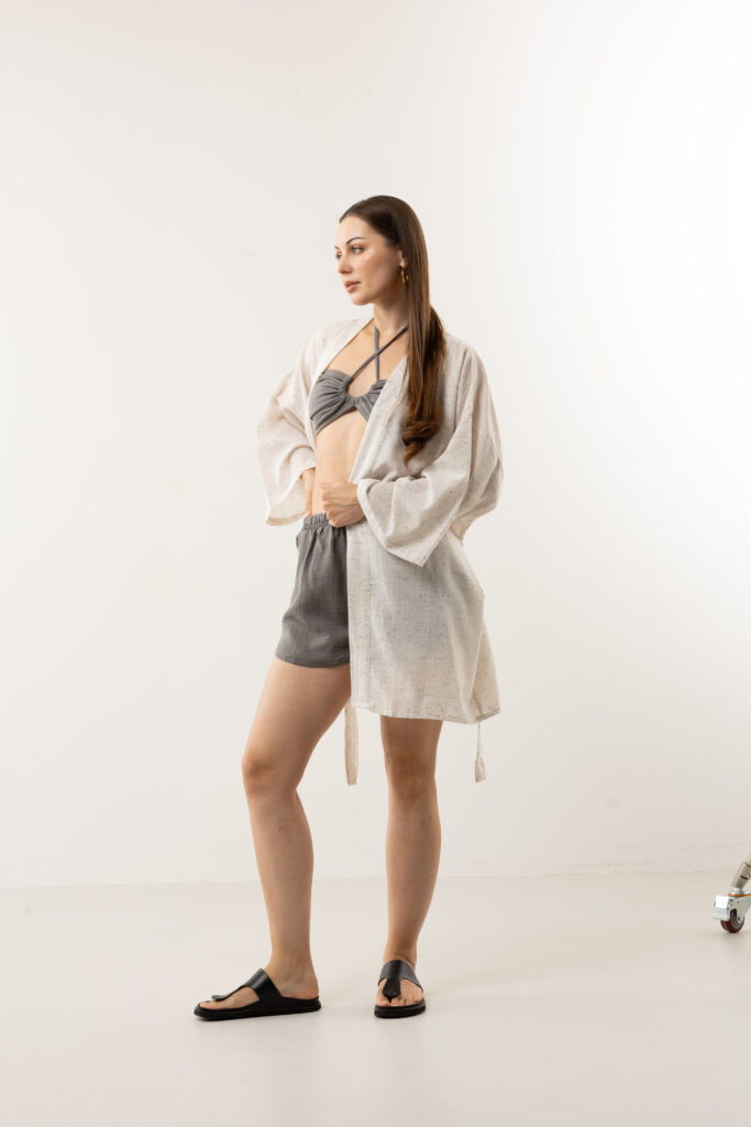 Flamingo hand-painted speckled linen midi kimono; artisanal tropical design wrap jacket for sustainable resort wear, travel, and coastal luxury.