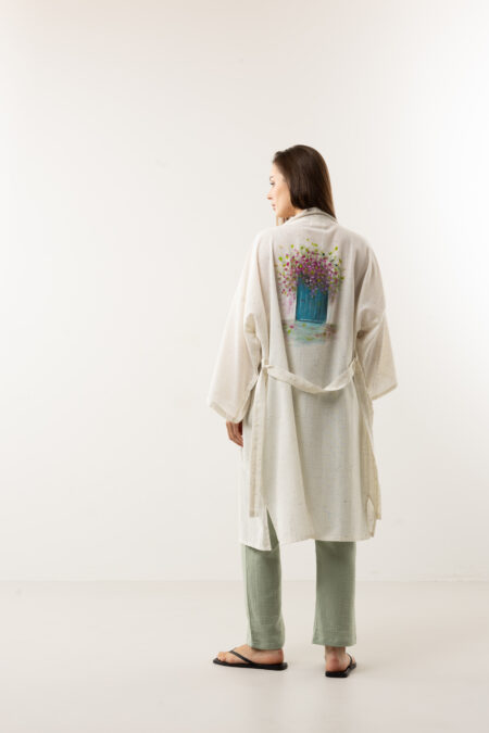 Flower pot hand-painted speckled linen long kimono; artisanal botanical design wrap jacket for sustainable resort wear, travel, and luxury bohemian style.