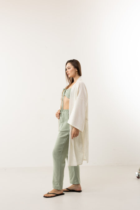Flower pot hand-painted speckled linen long kimono; artisanal botanical design wrap jacket for sustainable resort wear, travel, and luxury bohemian style.
