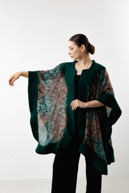 Hand-painted forest green luxury silk poncho - Forest Elegance collection