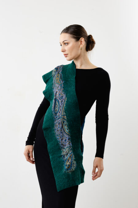 Elegant silk evening wrap featuring a reversible nature-inspired color palette