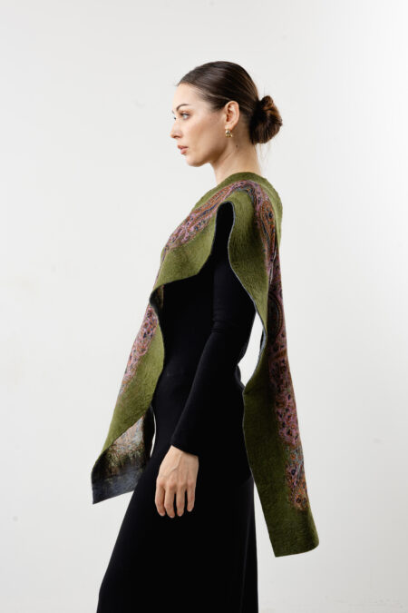 Nuno felted forest green wool on silver silk - Handcrafted luxury texture