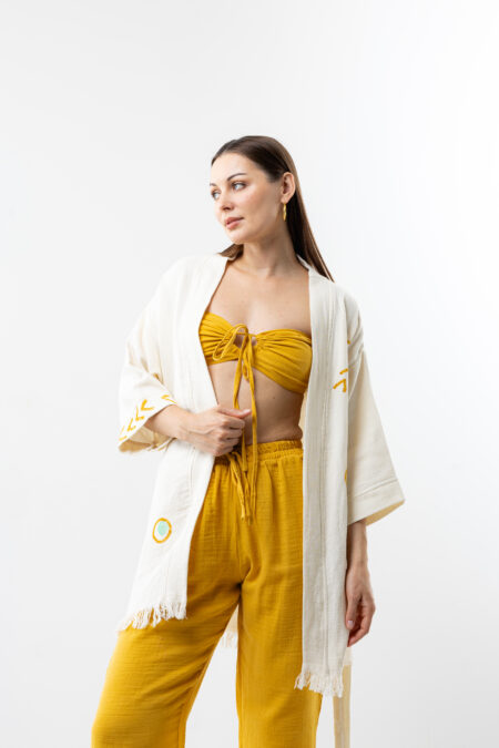 Golden Bloom yellow floral cotton short wrap kimono; belted waist jacket for sustainable resort wear, travel, and all-season bohemian style.