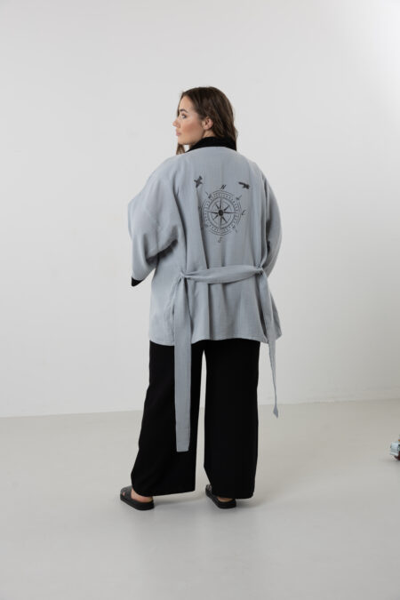 Hand-painted compass short muslin kimono jacket; artisanal jacket for sustainable resort wear, travel, and all-season comfort.
