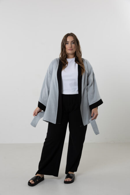 Hand-painted compass short muslin kimono jacket; artisanal jacket for sustainable resort wear, travel, and all-season comfort.
