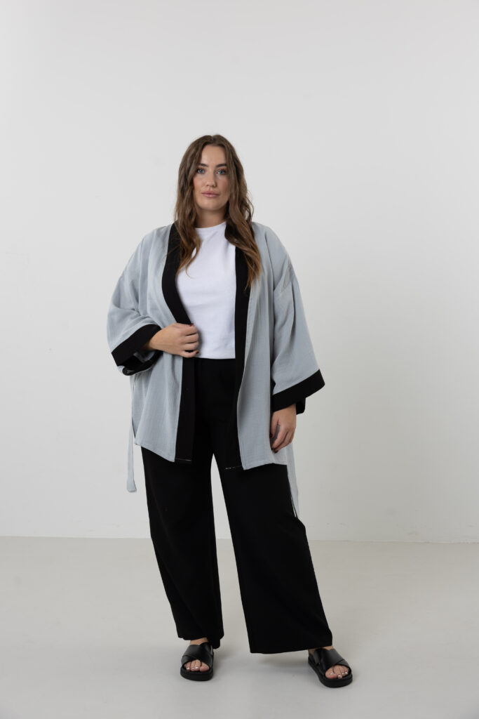 Hand-painted compass short muslin kimono jacket; artisanal jacket for sustainable resort wear, travel, and all-season comfort.