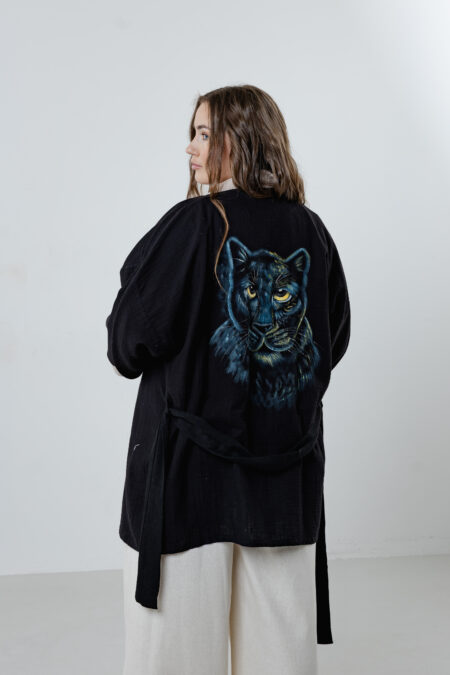 Hand-painted puma short muslin kimono; black jacket with cream cuffs and collar for sustainable resort wear, travel, and all-season luxury style.