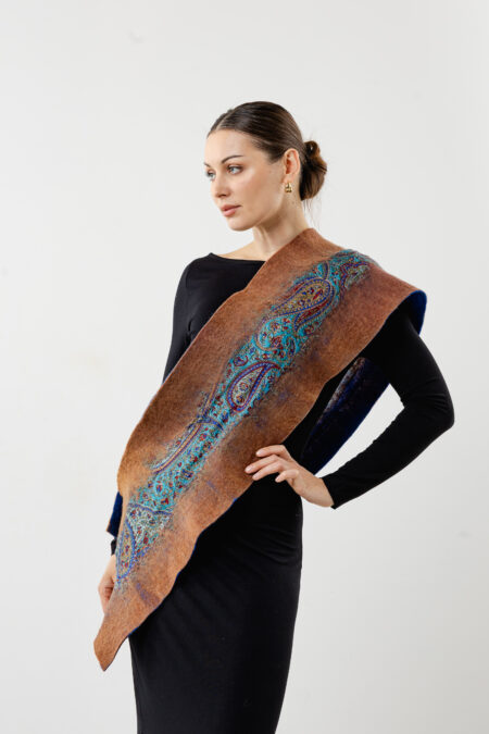 Indigo blue silk meeting earthy brown felt texture - Reversible two-sided design