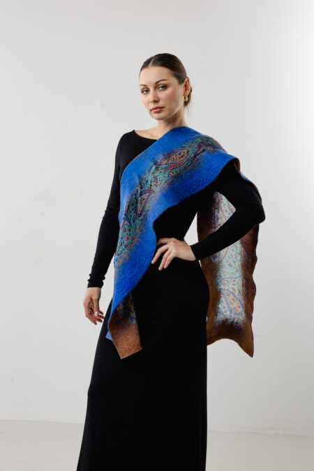 Reversible indigo and brown hand-painted silk shawl - Artisan luxury wrap