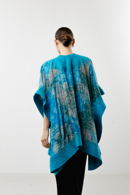 Nuno felted wool on premium indigo silk poncho - Silk-felt fusion art