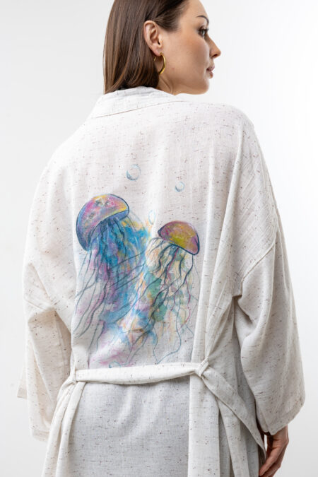 Hand-painted jellyfish speckled linen midi kimono; artisanal textured wrap tunic for sustainable resort wear, travel, and coastal luxury.