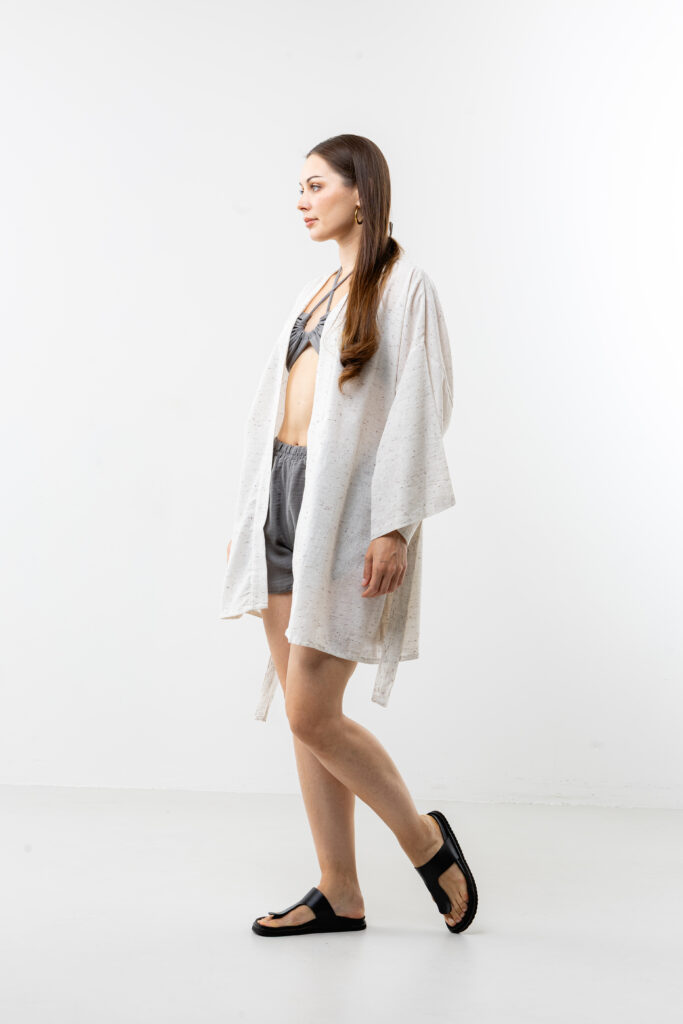 Hand-painted jellyfish speckled linen midi kimono; artisanal textured wrap tunic for sustainable resort wear, travel, and coastal luxury.