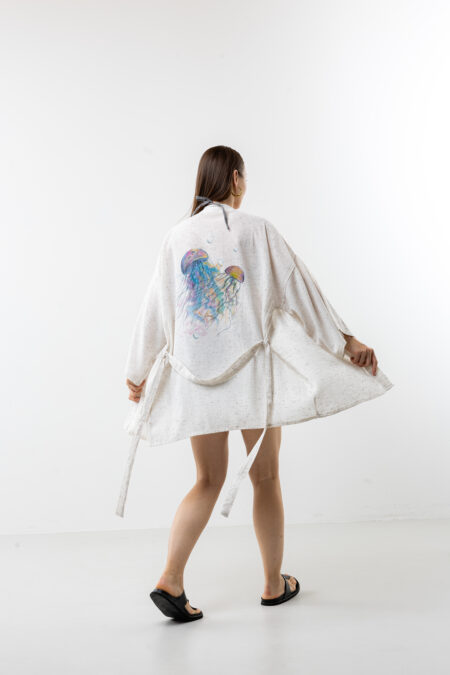 Hand-painted jellyfish speckled linen midi kimono; artisanal textured wrap tunic for sustainable resort wear, travel, and coastal luxury.