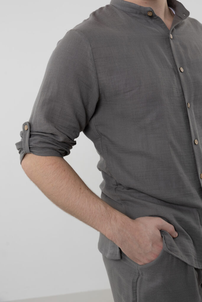 Men's double-layer muslin set; sustainable mandarin collar shirt and pants for all-season resort wear and comfort