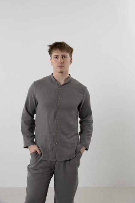 Men's double-layer muslin set; sustainable mandarin collar shirt and pants for all-season resort wear and comfort